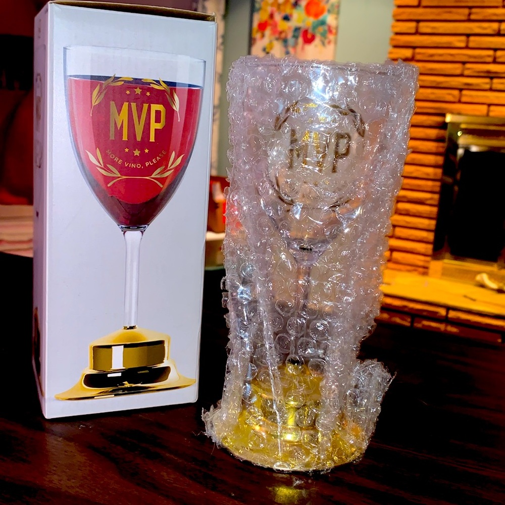 MVP wine glass NIB More Vino Please  Fred trademark like a trophy